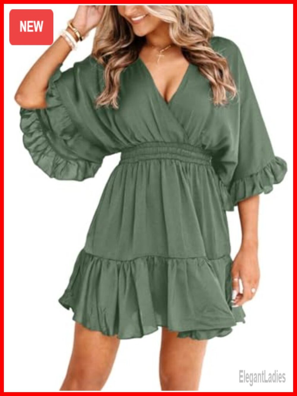 Women's V Neck Chiffon Ruffle Mini Dress Smocked Waist A-Line Short Sleeve